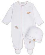 The Kissy Kissy Baby Beary Blessed Footie and Hat Set includes a white onesie and matching baby hat, both adorned with small teddy bears, embroidered ducks, and delicate light brown edge stitching.