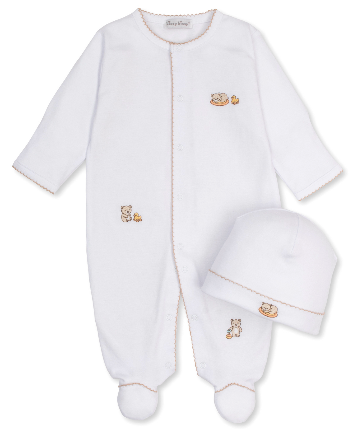 The Kissy Kissy Baby Beary Blessed Footie and Hat Set includes a white onesie and matching baby hat, both adorned with small teddy bears, embroidered ducks, and delicate light brown edge stitching.