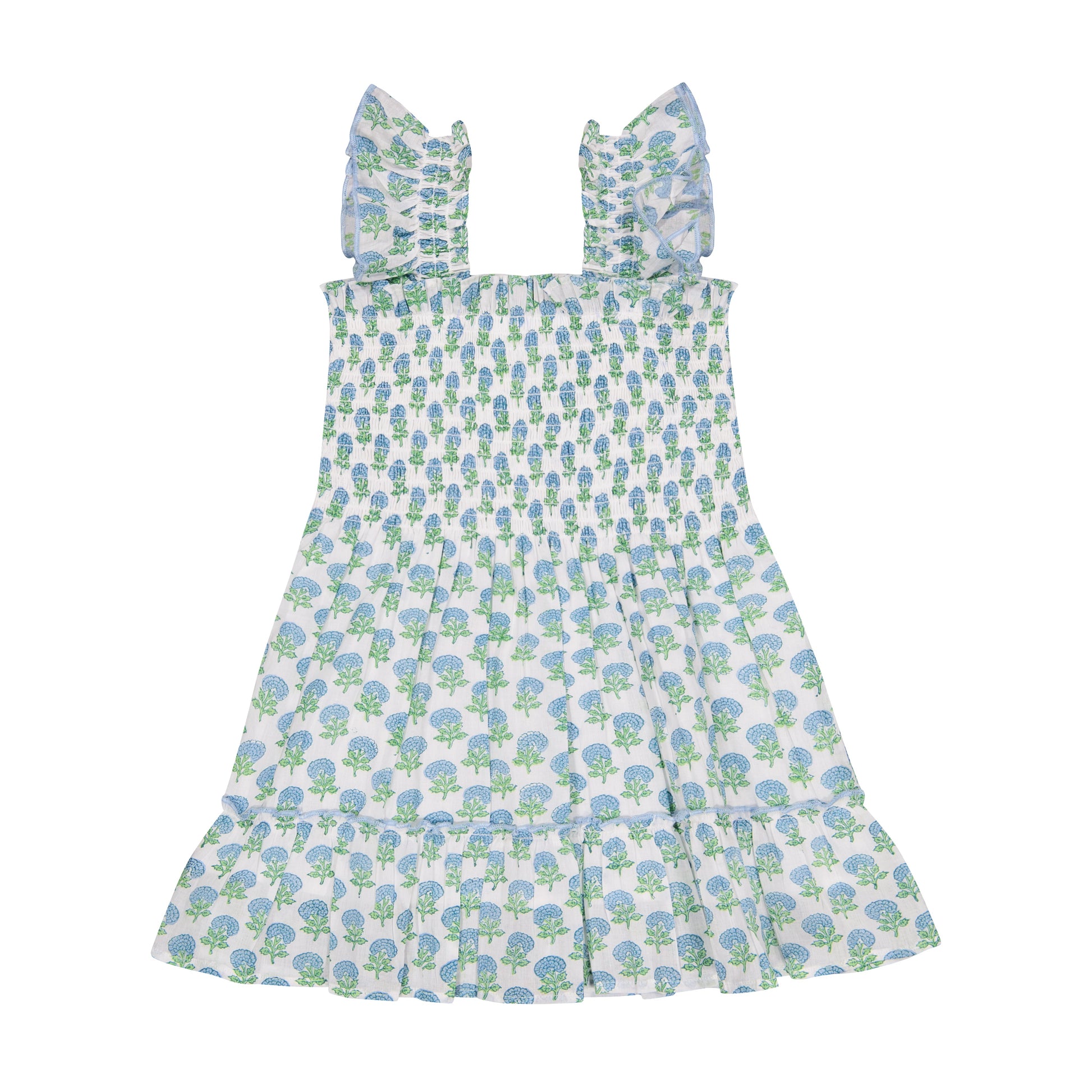 The Mer Girls' Paloma Dress is a sleeveless white dress featuring a blue and green tree print, with ruffled shoulder straps, a gathered bodice, twirly ruffle skirt, and a tiered ruffle hem, shown laid flat on a white background.