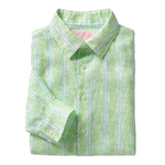The Pink House Mustique Printed Linen Shirt is a long-sleeve, button-up linen shirt, folded neatly and featuring a light green and white leaf pattern inspired by the relaxed elegance of Mustique, finished with a pointed collar.