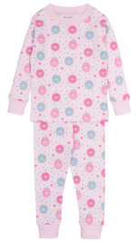 The Girls’ Sweet Donuts Pajama Set by Kissy Kissy is a cozy, long-sleeve toddler pajama set crafted from soft Pima cotton, featuring an all-over print of pink cats, blue and pink donuts, and small hearts—perfect for bedtime comfort.