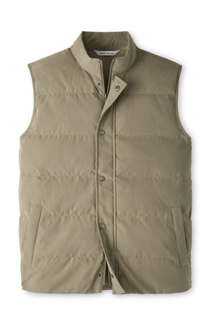 Olive green, micro-sueded Peter Millar Bedford Quilted Vest featuring midweight insulation, a full zip front, and a snap-button placket.