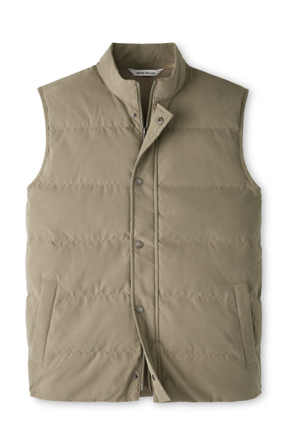 Olive green, micro-sueded Peter Millar Bedford Quilted Vest featuring midweight insulation, a full zip front, and a snap-button placket.