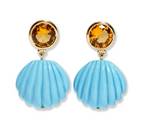 The Kai Earrings by Lizzie Fortunato feature round citrine-colored glass stones and blue turquoise shell drops set in gold-plated brass, shown on a white background.
