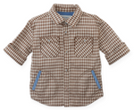 The Gingersnaps Baby Boys’ Orlando Brushed Gingham Shirt features a brown and white gingham pattern, two chest pockets, blue-accented side pockets, and rolled-up sleeves—perfect for autumn days. Displayed on a white background.