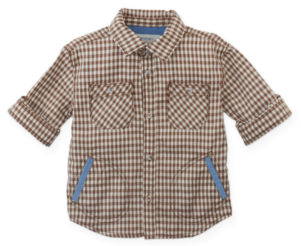 The Gingersnaps Baby Boys’ Orlando Brushed Gingham Shirt features a brown and white gingham pattern, two chest pockets, blue-accented side pockets, and rolled-up sleeves—perfect for autumn days. Displayed on a white background.