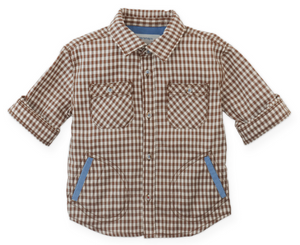 The Gingersnaps Baby Boys’ Orlando Brushed Gingham Shirt features a brown and white gingham pattern, two chest pockets, blue-accented side pockets, and rolled-up sleeves—perfect for autumn days. Displayed on a white background.