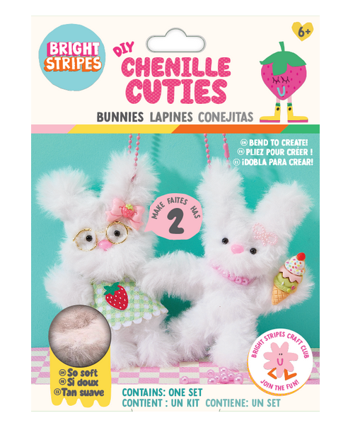 Packaging for the Bright Stripes "DIY Chenille Cuties - Bunny Babes" craft kit, which includes materials to create two plush white pipe cleaner bunnies—ideal for making cute bag danglers or enjoying creative crafting fun!.