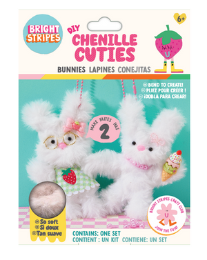 Packaging for the Bright Stripes "DIY Chenille Cuties - Bunny Babes" craft kit, which includes materials to create two plush white pipe cleaner bunnies—ideal for making cute bag danglers or enjoying creative crafting fun!.