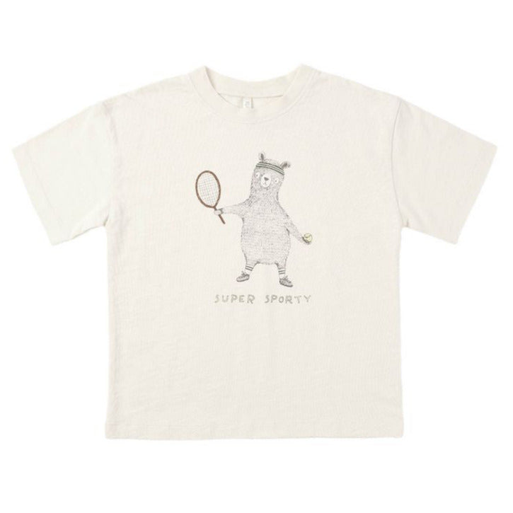 The Rylee & Cru Baby Boys' and Boys' Relaxed Tee features soft cotton jersey, a bear with tennis racket and ball illustration, and "SUPER SPORTY" printed below the image.