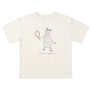 The Rylee & Cru Baby Boys' and Boys' Relaxed Tee features soft cotton jersey, a bear with tennis racket and ball illustration, and "SUPER SPORTY" printed below the image.