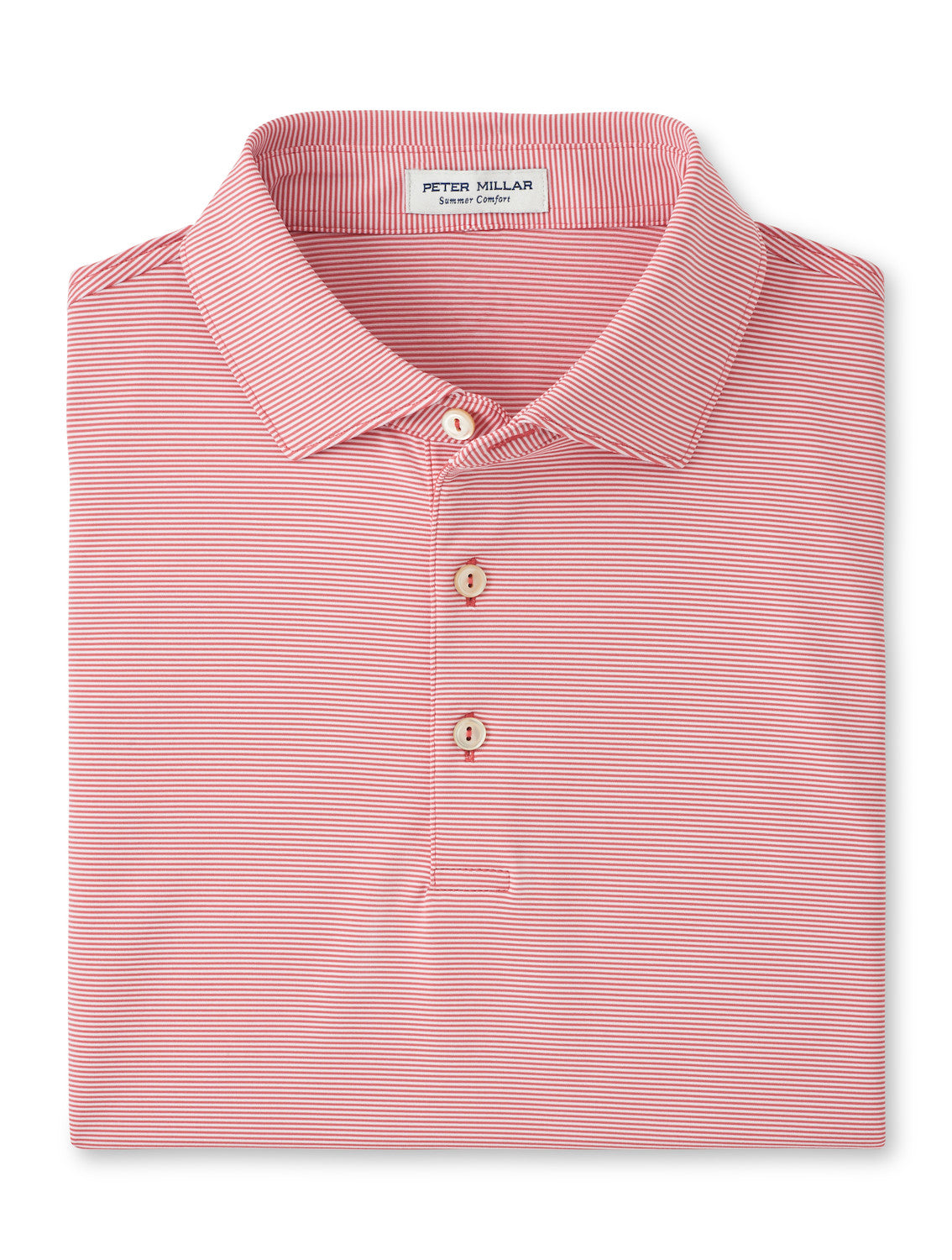 The Peter Millar Jubilee Performance Jersey Polo features red and white stripes, a collared three-button design, and UPF 50+ protection for summer comfort. The "Peter Millar" label is inside the neckline.