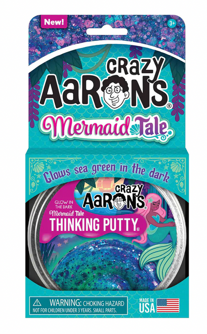 Crazy Aarons Thinking Putty in Mermaid Tale offers blue-green, glow-in-the-dark putty for sensory play, with a mermaid illustration on the label.