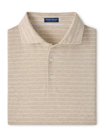Folded tan Peter Millar Excursionist Flex Striped Polo with thin white horizontal stripes and a three-button placket.