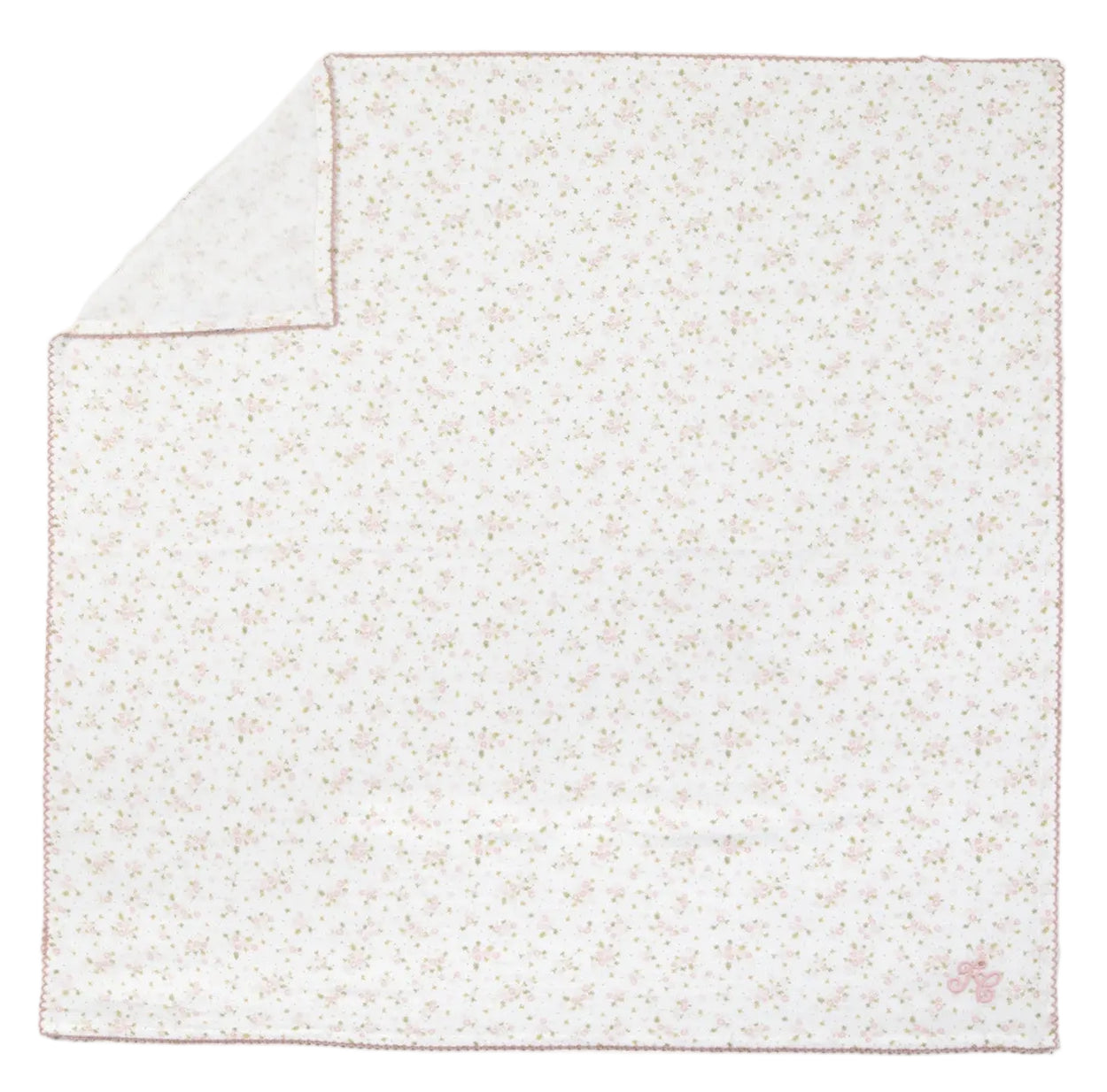 The Tartine et Chocolat Cotton Swaddle features a square white design adorned with a subtle floral pattern, delicate pink stitching along the edges, and a dainty pink bow in one corner—making this charming blanket an essential for any nursery, perfect for keeping your baby cozy and comfortable.