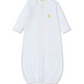 The Kissy Kissy Baby Premier Duckling Convertible Gown is a charming white infant sleeper with long sleeves and front buttons, crafted from soft Pima cotton. An adorable small yellow duck emblem embellishes the chest of this cozy playsuit.