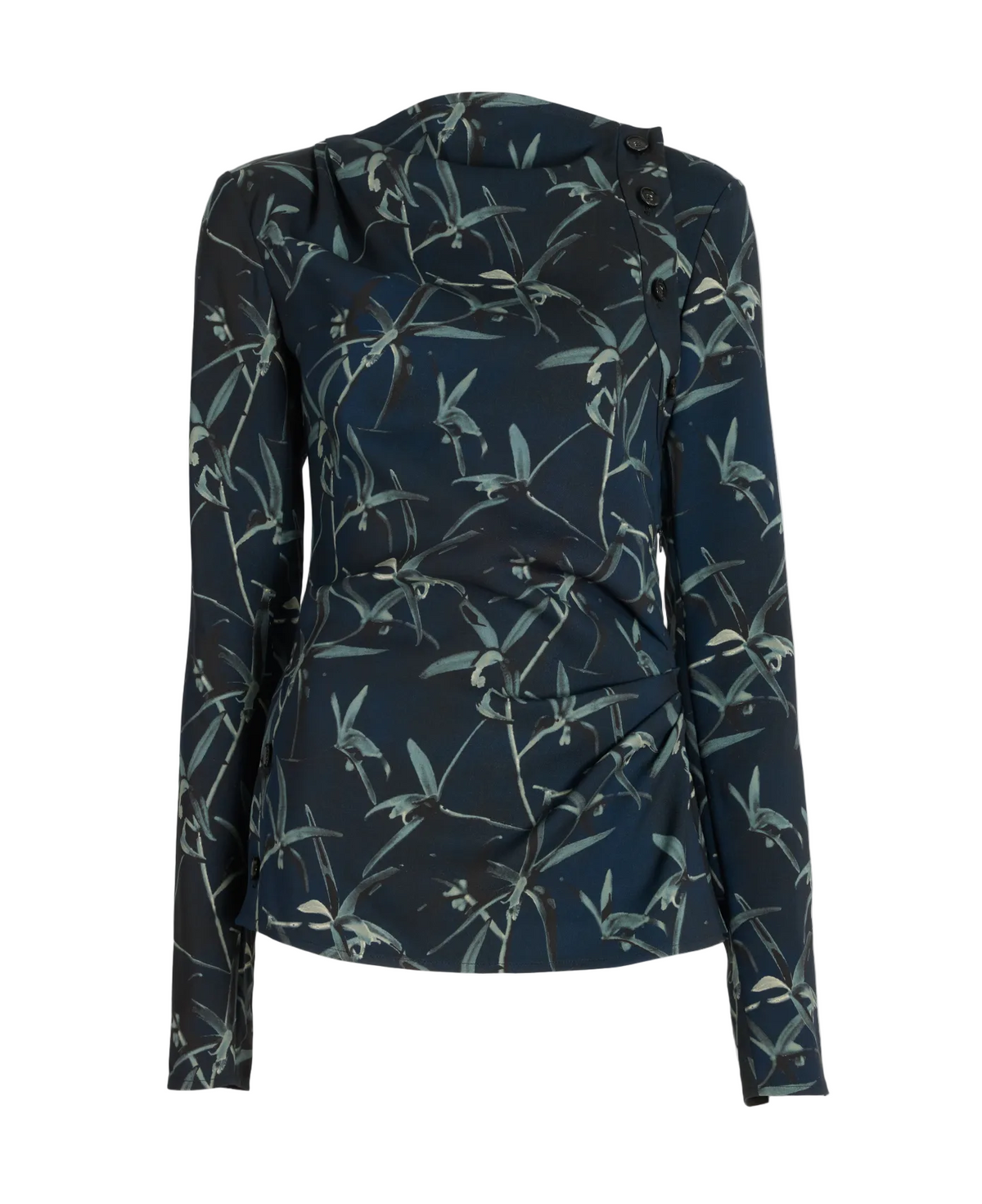 Proenza Schouler Anais top in dark blue printed stretch cady with an abstract botanical print, draped waist, bateau neckline, and shoulder button detailing.