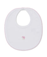 Kissy Kissy Sweet Sheep Bib in white with delicate pink trim and a small embroidered pink sheep at the center, crafted from ultra-soft Pima cotton for your baby’s comfort, laid flat on a white background.