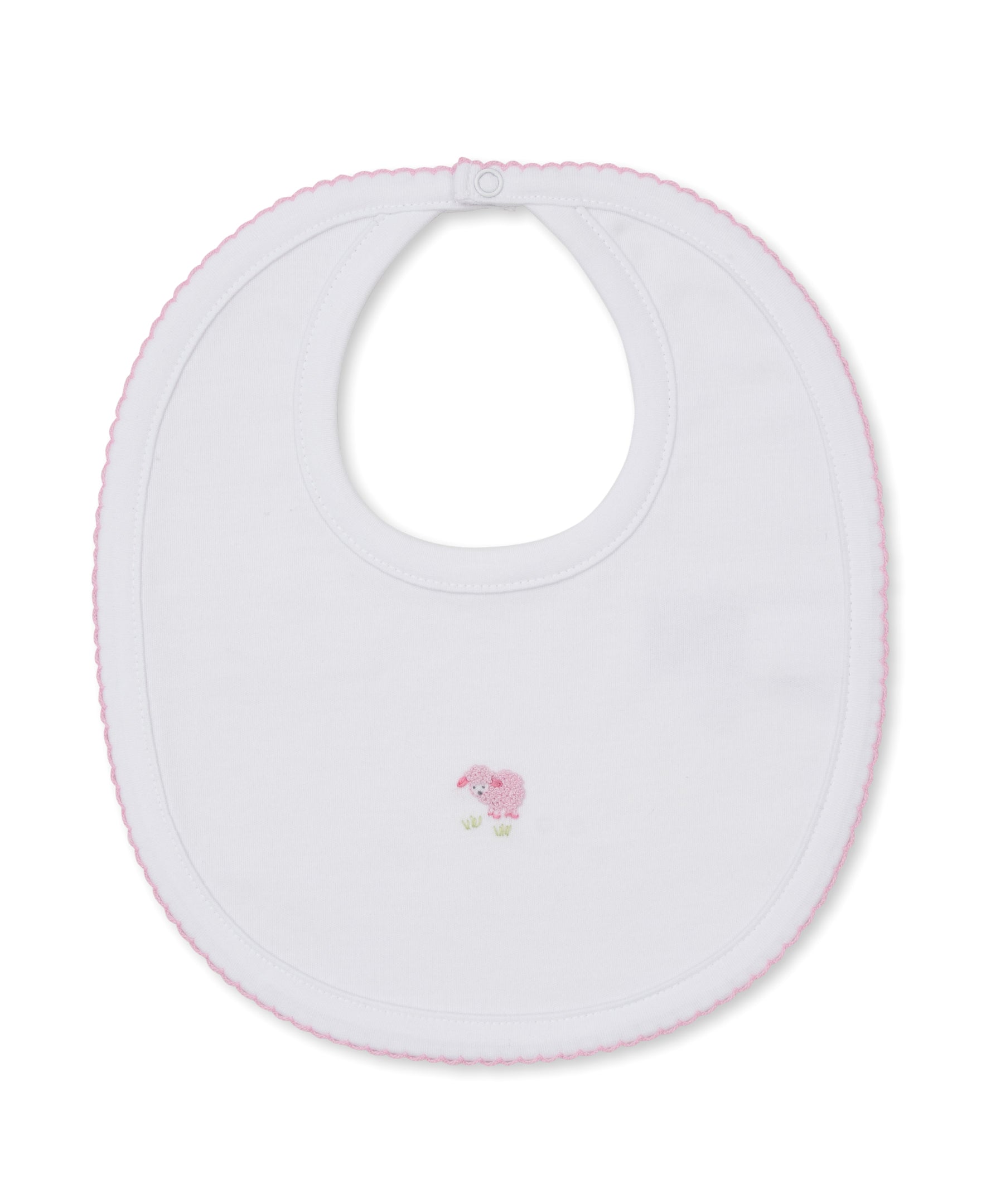 Kissy Kissy Sweet Sheep Bib in white with delicate pink trim and a small embroidered pink sheep at the center, crafted from ultra-soft Pima cotton for your baby’s comfort, laid flat on a white background.