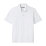 The Alan Paine Tutbury Faded Jersey Polo is a vintage-style white short-sleeve polo shirt with a collar and three buttons, offering a flexible fit and shown against a white background.