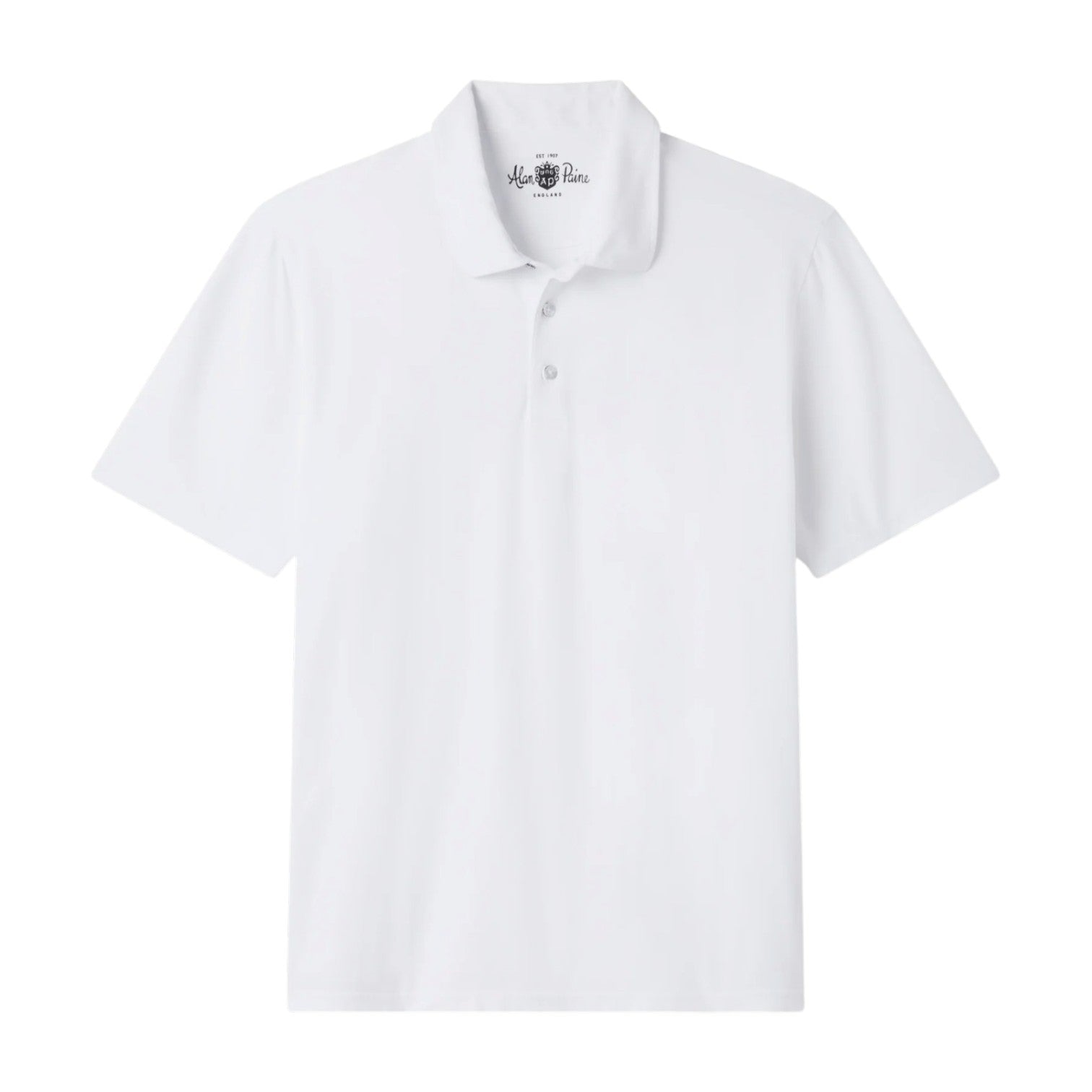The Alan Paine Tutbury Faded Jersey Polo is a vintage-style white short-sleeve polo shirt with a collar and three buttons, offering a flexible fit and shown against a white background.