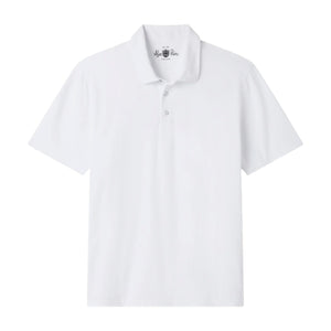 The Alan Paine Tutbury Faded Jersey Polo is a vintage-style white short-sleeve polo shirt with a collar and three buttons, offering a flexible fit and shown against a white background.