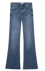 Flat lay of The Icon blue flare jeans by Frame, featuring classic pockets and button closure, crafted from ultra-stretch denim, displayed on a white background.