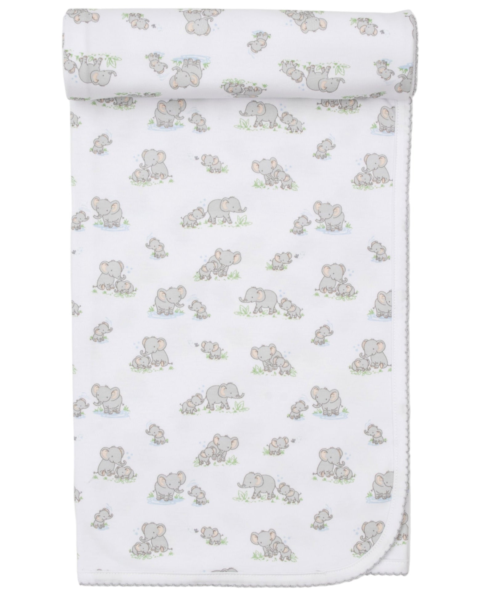 The Kissy Kissy Elephant Esprit Printed Blanket is made from soft Pima cotton, featuring gray cartoon elephants and green grass, with a neatly rolled top edge.