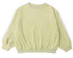The Kids' Racer Sweatshirt by Rylee & Cru features an oversized light yellow crew neck, long sleeves, ribbed cuffs and hem, white side stripes, and "RC" chest embroidery—ideal for a transitional wardrobe.