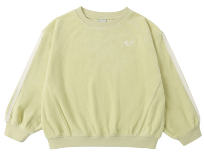 The Kids' Racer Sweatshirt by Rylee & Cru features an oversized light yellow crew neck, long sleeves, ribbed cuffs and hem, white side stripes, and "RC" chest embroidery—ideal for a transitional wardrobe.
