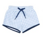 Minnow Baby Boys' and Boys' Oasis Boardie in blue gingham features an elastic waistband, navy drawstring, and navy hem trim, shown on a white background.