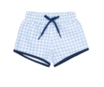 Minnow Baby Boys' and Boys' Oasis Boardie in blue gingham features an elastic waistband, navy drawstring, and navy hem trim, shown on a white background.