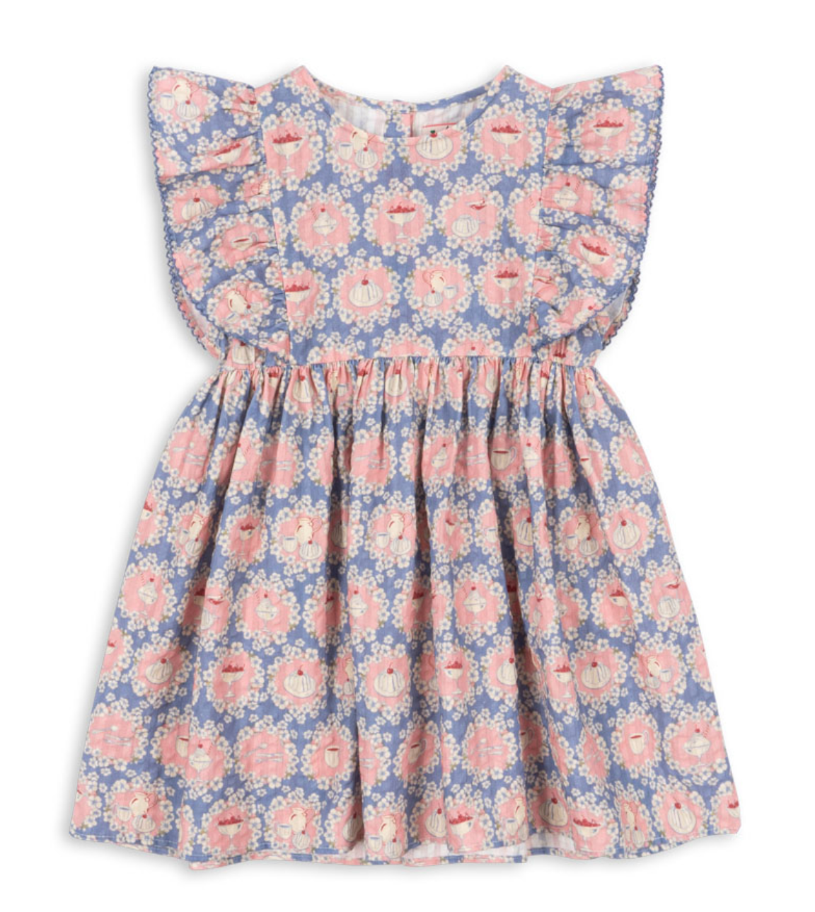 The Konges Slojd Baby Girls’ and Girls’ Kim Frill Dress features short sleeves, ruffled shoulders, a gathered waist, and a charming pink and blue floral pattern.