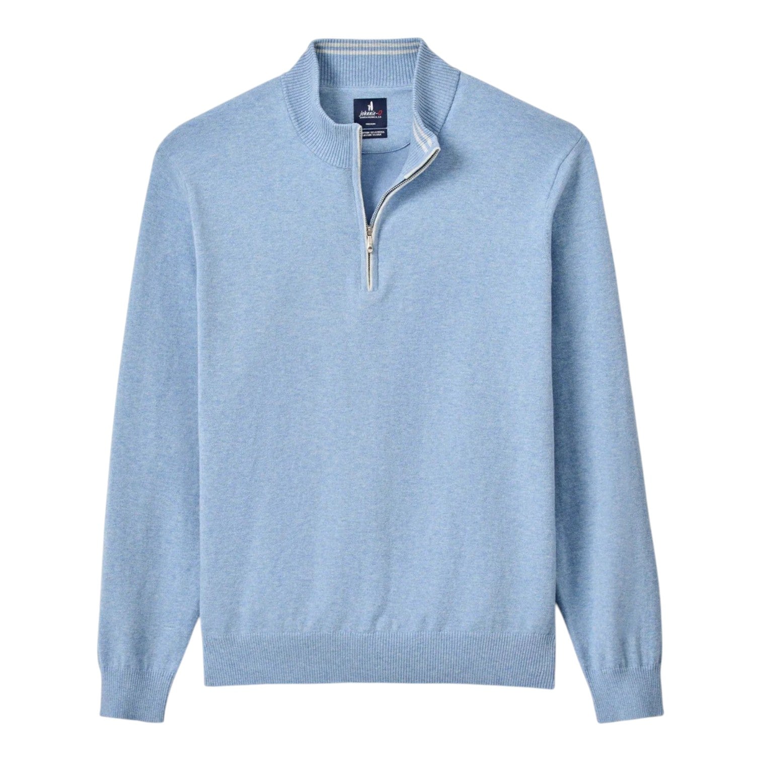 The Johnnie-O Desmond Quarter Zip is a light blue long-sleeve pullover with ribbed hem and cuffs, a half-zip front, stand collar, and cotton-heavy blend, shown laid flat on a white background.