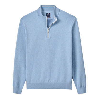 The Johnnie-O Desmond Quarter Zip is a light blue long-sleeve pullover with ribbed hem and cuffs, a half-zip front, stand collar, and cotton-heavy blend, shown laid flat on a white background.
