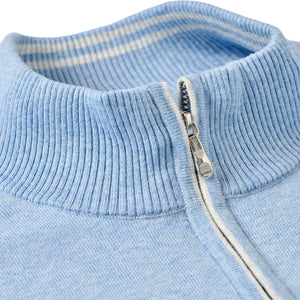 Close-up of the Desmond Quarter Zip by Johnnie-O, a light blue cotton-heavy sweater with a ribbed collar and inner white stripe, highlighting its refined plaited knit texture.