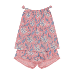 The Mer Girls’ Colette Top and Shorts Set, shown flat on a white background, features a pink floral print and sleeveless cotton top paired with fringe-trim shorts and frayed hems—capturing effortless French summer style.