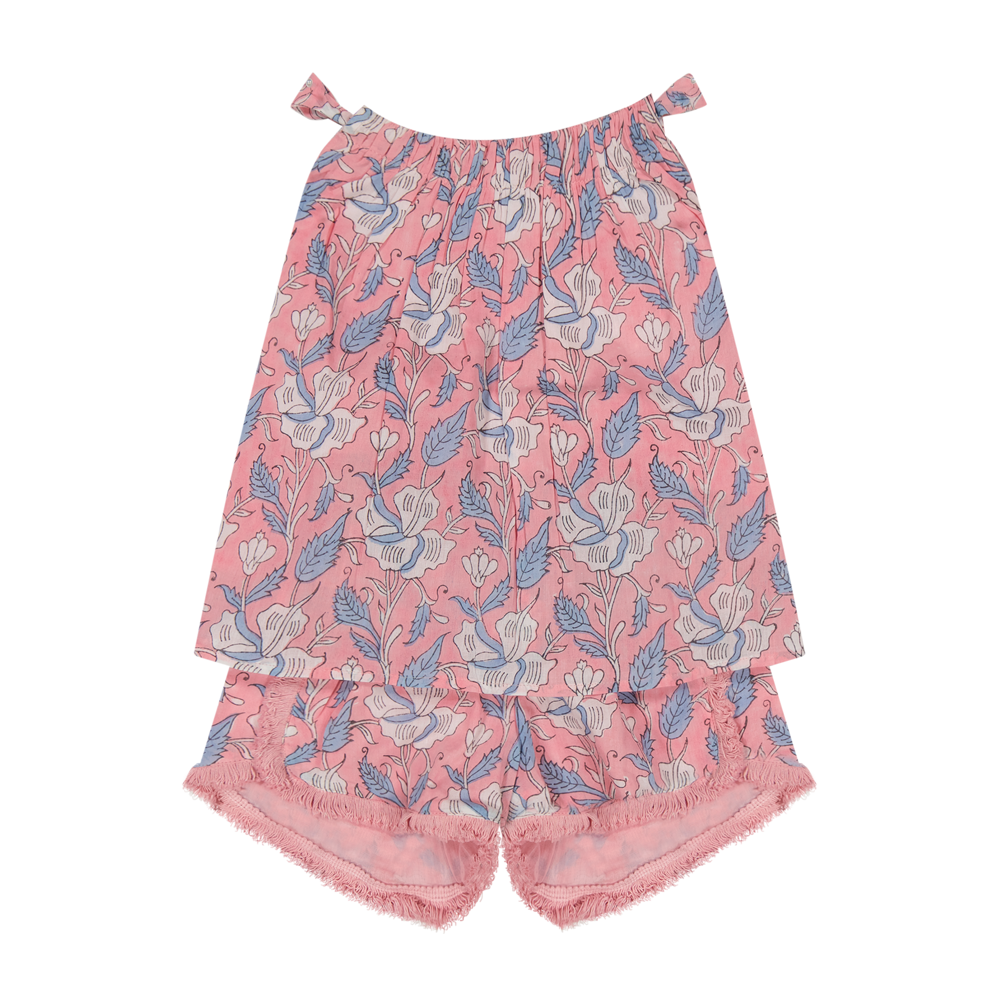 The Mer Girls’ Colette Top and Shorts Set, shown flat on a white background, features a pink floral print and sleeveless cotton top paired with fringe-trim shorts and frayed hems—capturing effortless French summer style.