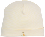 The Premier Giraffe Love Hand Emb. Striped Hat by Kissy Kissy is a pale yellow knit baby hat, made from soft Peruvian cotton, with subtle horizontal stripes and a small hand-embroidered giraffe near the bottom edge.