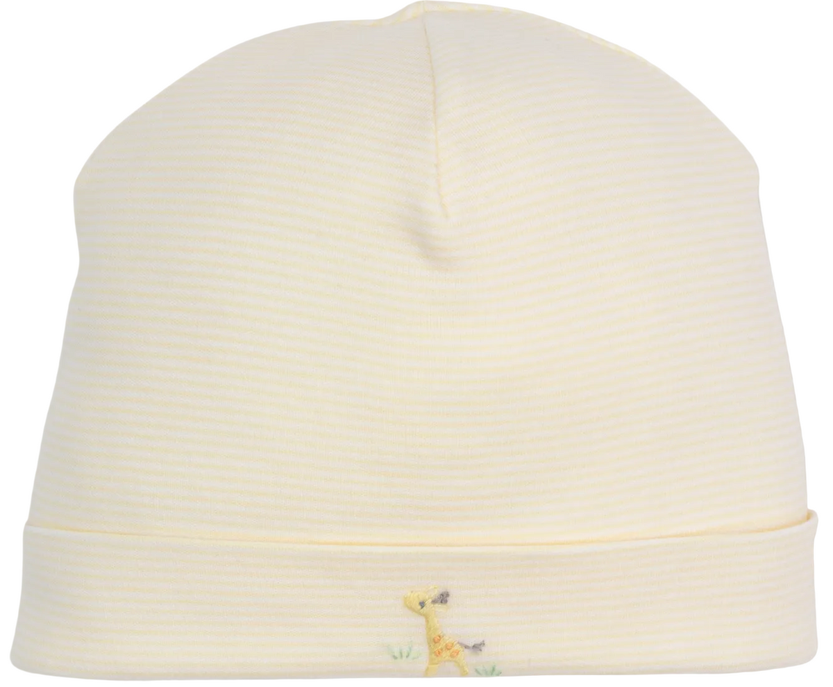 The Premier Giraffe Love Hand Emb. Striped Hat by Kissy Kissy is a pale yellow knit baby hat, made from soft Peruvian cotton, with subtle horizontal stripes and a small hand-embroidered giraffe near the bottom edge.