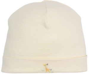 The Premier Giraffe Love Hand Emb. Striped Hat by Kissy Kissy is a pale yellow knit baby hat, made from soft Peruvian cotton, with subtle horizontal stripes and a small hand-embroidered giraffe near the bottom edge.