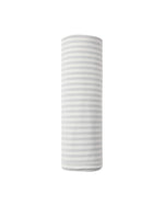 A Quincy Mae Swaddle made from organic brushed jersey, featuring rolled-up, white and light gray stripes, stands vertically against a plain white background—ideal for gently swaddling your baby.