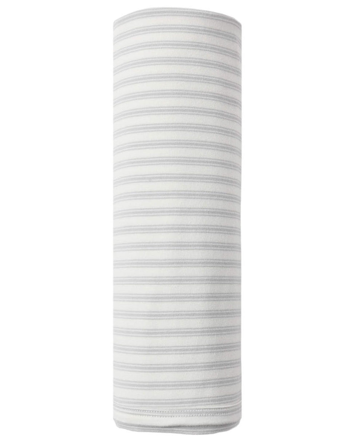 A rolled, cylindrical Swaddle from Quincy Mae, crafted from organic brushed jersey with thin, light gray horizontal stripes, rests on a plain white background and promises the gentle softness ideal for a baby’s delicate skin.