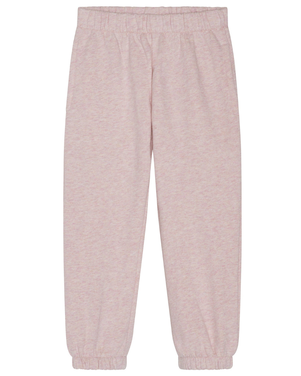 Girls’ Sweat Pants by Serendipity, shown in light pink with a loose fit, featuring an elastic waistband and cuffs, are laid flat against a white background. Made from organic cotton and GOTS certified, these sweatpants combine comfort with sustainable style.