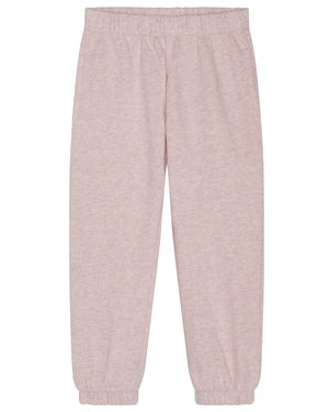 Girls’ Sweat Pants by Serendipity, shown in light pink with a loose fit, featuring an elastic waistband and cuffs, are laid flat against a white background. Made from organic cotton and GOTS certified, these sweatpants combine comfort with sustainable style.