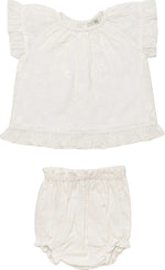 Early Sunday Baby Girls’ Kitty Baby Blouse & Bloomer set in white, featuring a short-sleeve ruffled blouse and matching elastic-waist bloomer, both made from 100% cotton with subtle floral patterns, displayed flat on a white background.