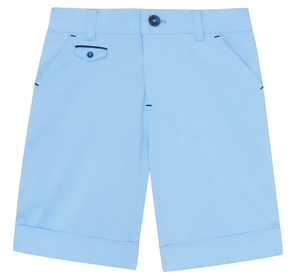 Introducing the Boys’ Cotton Short from Tartine et Chocolat in a light blue, knee-length design. These shorts feature breathable cotton fabric, side pockets, belt loops, a button closure, and a small back pocket adorned with a dark button accent—perfect for active play.
