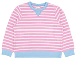 The Feather 4 Arrow Baby Girl’s and Girls’ Scout Stripe Top is a long-sleeve pullover sweatshirt featuring pink and white stripes with blue cuffs, hem, and collar. Designed with a crew neck, this textured top includes a small triangular detail below the collar for added style.