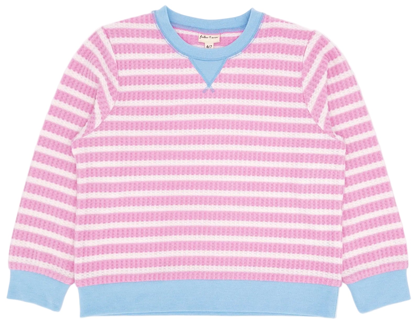 The Feather 4 Arrow Baby Girl’s and Girls’ Scout Stripe Top is a long-sleeve pullover sweatshirt featuring pink and white stripes with blue cuffs, hem, and collar. Designed with a crew neck, this textured top includes a small triangular detail below the collar for added style.