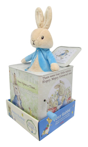 The Kids Preferred Peter Jack in the Box features a plush rabbit in a blue coat that pops out of an illustrated box with scenes from the classic story—a charming nostalgic toy for any nursery.